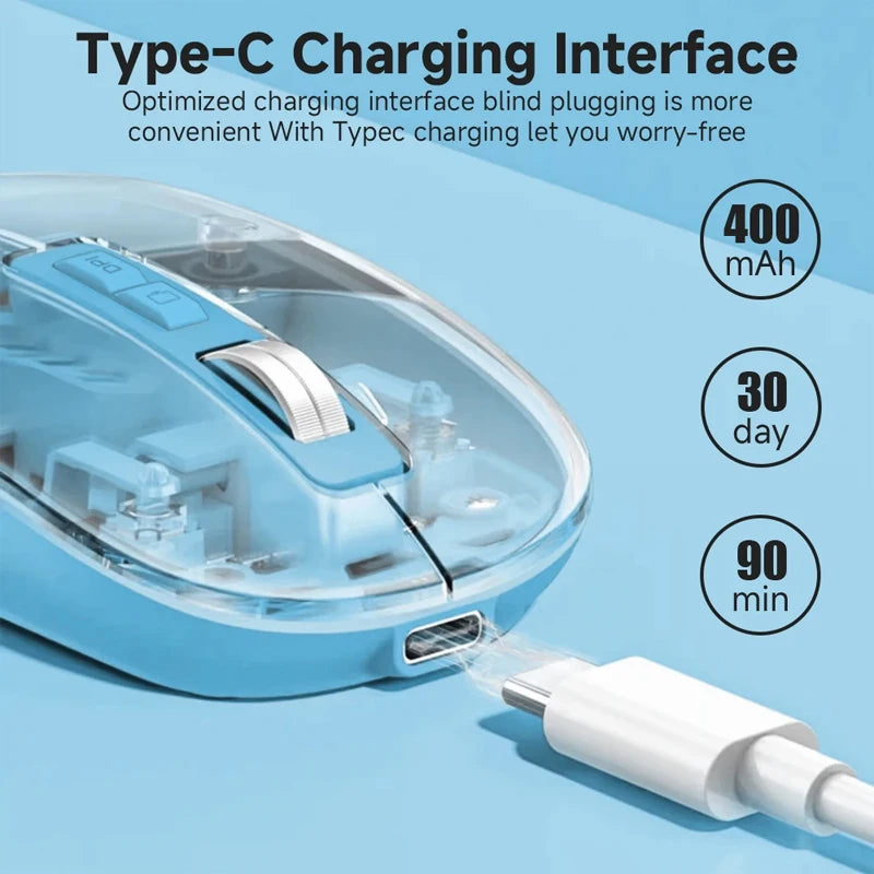 Transparent Wireless Mouse Dual Mode 2.4G Bluetooth-Compatible Rechargeable Mouse Noiseless Cordless Computer Mice for PC Laptop
